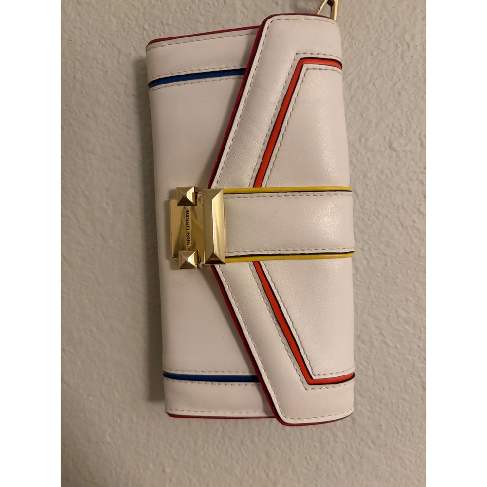 Michael Kors White Leather Stripe Wallet Clutch Gold Chain Wristlet - Picture 2 of 6
